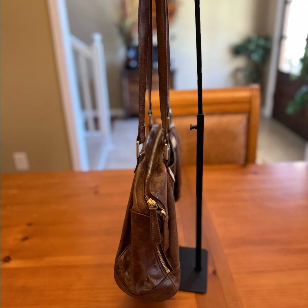 hobo handbag Brown Leather Distressed Multi Pockets Slouchy Everyday Purse hippy